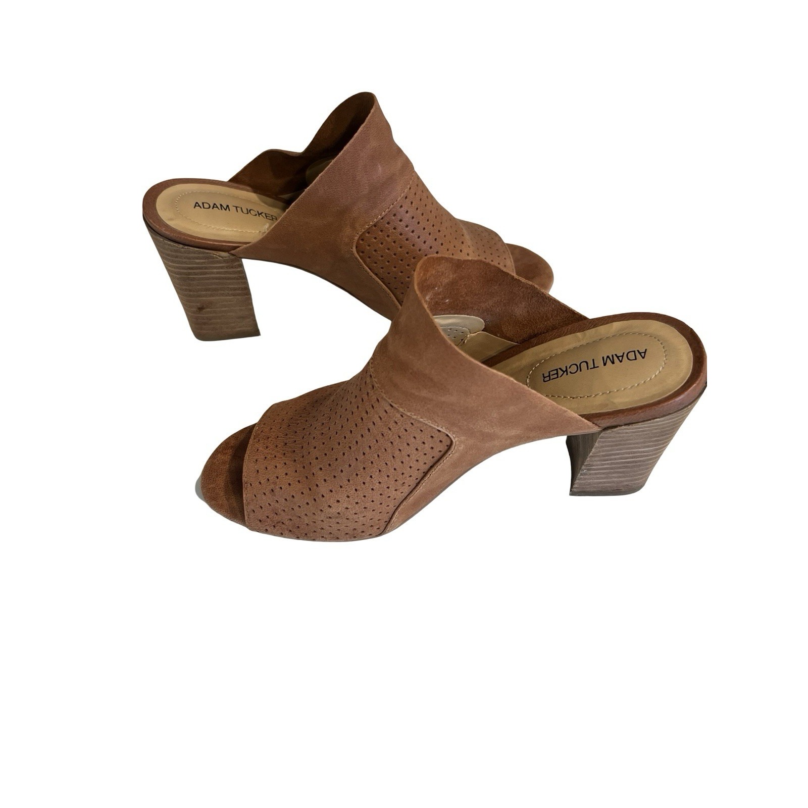 Adam Tucker Women's Perforated Leather Tan Slip On Mule Shoes Heels Size 7.5m